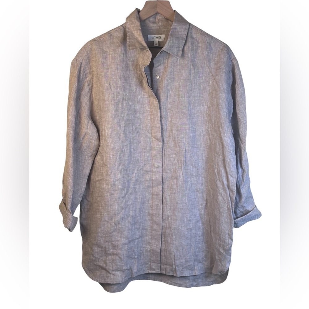 Haven Well Within 100% Linen Casual Tan Beige Button-Up Shirt Size Small
